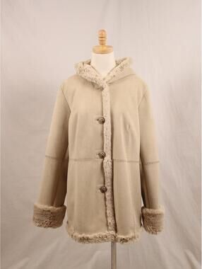 Vintage y2k Jones New York Cream Cozy Hooded Faux Fur Coat Hood Large XL